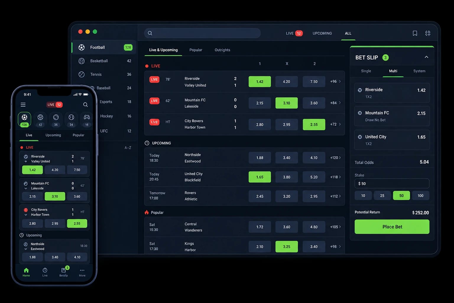 Sportsbook widget running inside a live section with odds and a bet slip