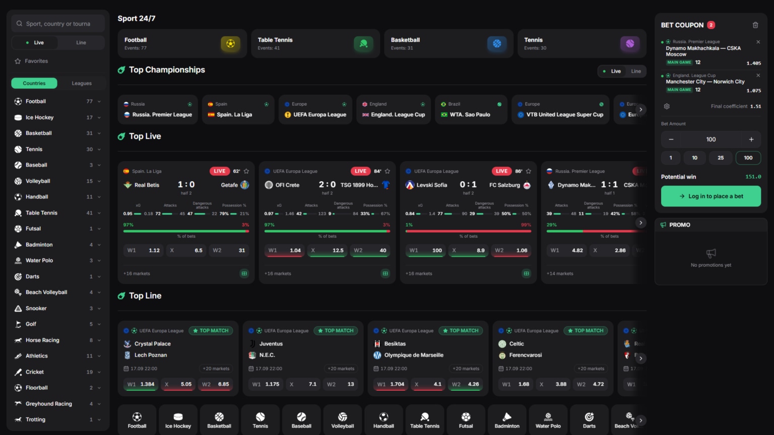 Sportsbook widget in a green accent, showing live events, odds and a filled bet slip